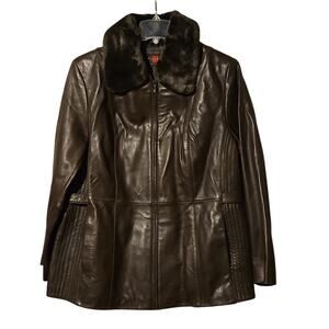 NWT Gallery 1X Premium Brown Genuine Leather Coat with Lush Faux Fur Collar